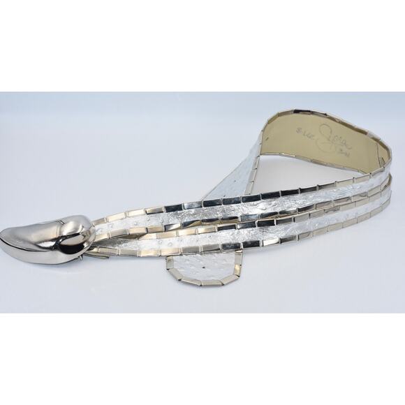 Y2K Vintage SIPRA Chrome Buckle Embossed Leather Studded Statement Belt S/M0 - Picture 6 of 8